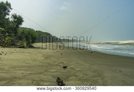 Undiscovered Wide Clean Sand Beach Scene With Big Waves In Indian Murky Ocean Seen In Bengkulu Provi