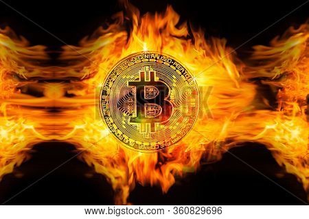 Golden Bitcoin Coin In Fire Conceptual Image For Cryptocurrency.
