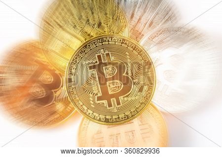 Golden Bitcoins. New Virtual Money, Conceptual Image For Cryptocurrency.