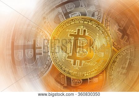 Golden Bitcoins. New Virtual Money, Conceptual Image For Cryptocurrency.