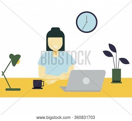 Young Pensive Girl Sitting At Laptop Computer And Studying Hard Isolated On White Background. Studen