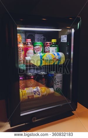 Ufa, Russia, Soda Shop, 3 July, 2019: Grocery Store Shelf With Various Brands Of Soda In Cans. Pepsi