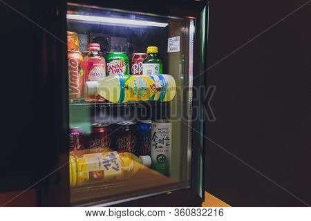Ufa, Russia, Soda Shop, 3 July, 2019: Grocery Store Shelf With Various Brands Of Soda In Cans. Pepsi
