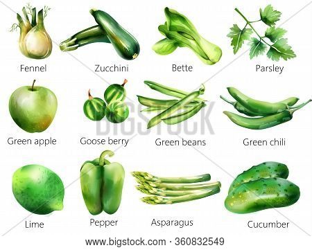 Set Of Green Vegetables And Fruits. Watercolor Style