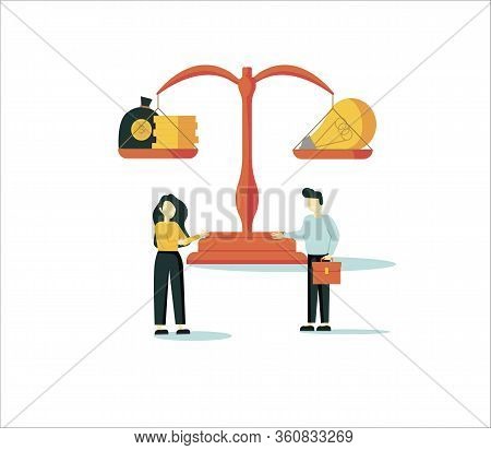 A Vector Illustration Of Groups Of People Who Inject Money Into An Idea On A Swing And Outweighs It,