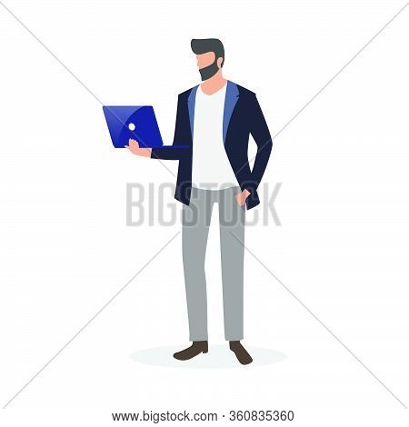 Flat Character Illustration Prople Man Bring A Laptop And Work With Standing. Suitable For All Needs