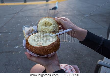 San Francisco, California, Usa- 07 June 2015: Cheddar Soup With Seafood In Bread Bowl, Fisherman Wha