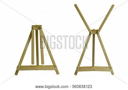 Set Of Their Artistic Tabletop Wooden Easels. Isolated Objects On A White Background.