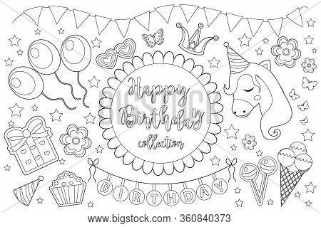 Happy Birthday Cute Coloring Book Page For Kids. Party Collection Of Design Elements With Balloons, 