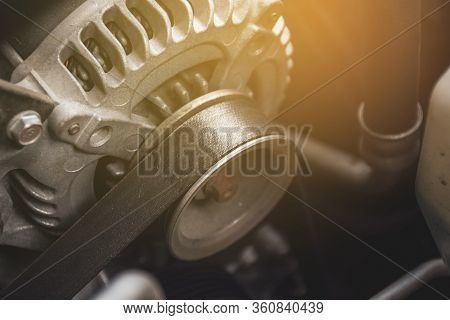 Car Timing Belt And Alternator Of Engine System, Automotive Part Concept.