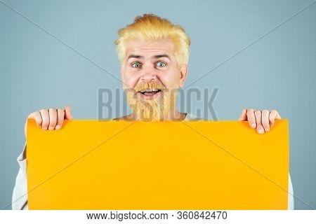 Funny Man Holding Big Sign Board. Copy Space On Paper