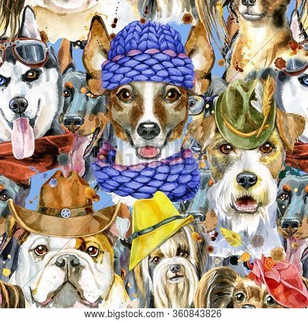Watercolor Seamless Pattern Of Dogs On White Background