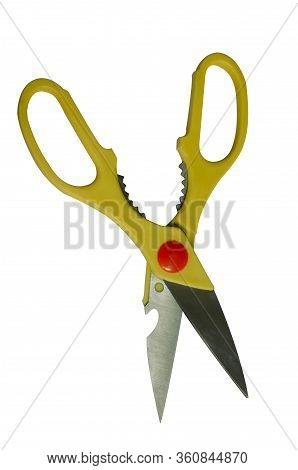 Yellow Kitchen Scissors Isolated On White Background.