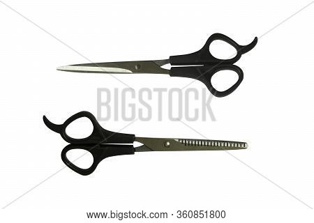 Black Professional Scissors For Cutting Regular And Thinning. Isolated Objects On White Background.