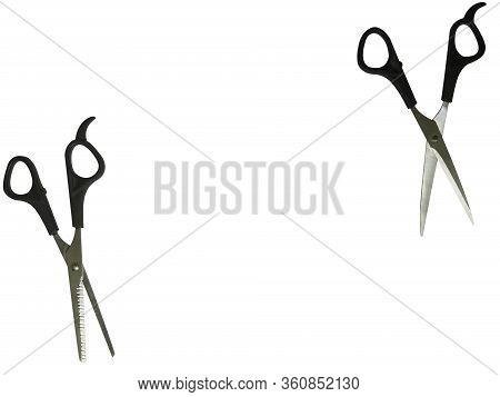 Black Professional Scissors For Cutting Regular And Thinning. Isolated Objects On White Background.
