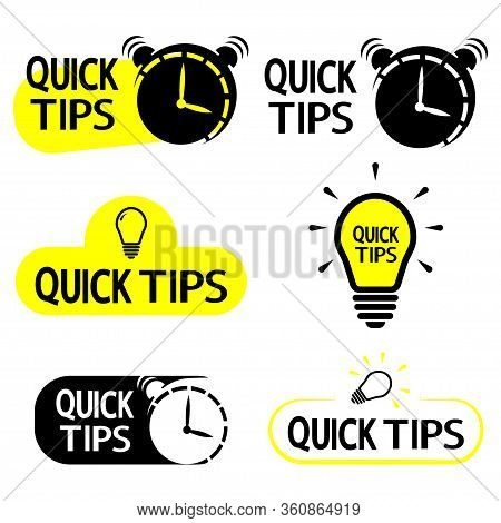Quick Tips. Yellow Lightbulb Icon With Quicks Tip Text. Helpful Idea, Solution And Trick Illustratio