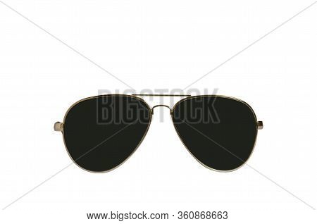Black Sunglasses In Gold Frame On White Background. Front View. Isolated Object.