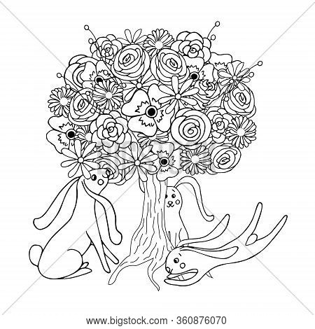 Hare Under Blooming Tree. Cute Funny Cartoons Hand Drawn Art Design Stock Vector Illustration For We