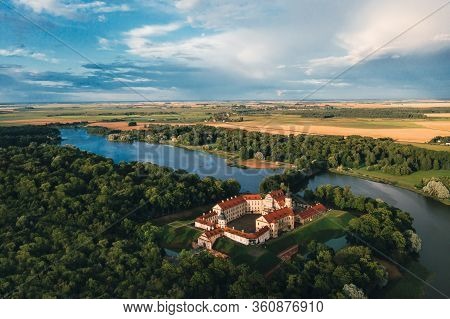 Beautiful Golden Sunrise Near The Palace In Nesvizh, Minsk Region, Belarus.