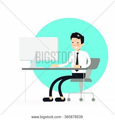 Cool Business Man Working On Desktop Computer. Businessman Character Sitting Behind The Office Desk.