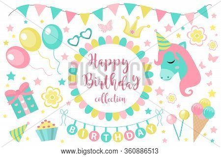Happy Birthday Modern Cute Icons Set, Cartoon Flat Style. Party Collection Of Design Elements With U