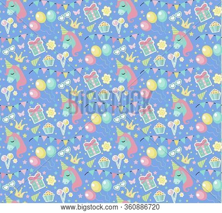 Happy Birthday Seamless Pattern. Party Repeating Texture With Gerland, Sweets, Gift. Holiday Endless