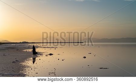 Unidentified Iranian Woman By Maharloo Pink Lake With Her Reflection In The Water, Shiraz, Iran