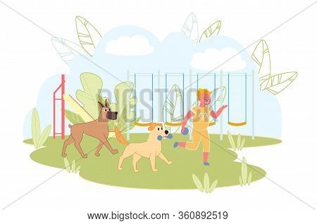 Joyful Kid Playing With Toys And Running Away From Two Dogs In Yard. Playful Summer Time. Recreation