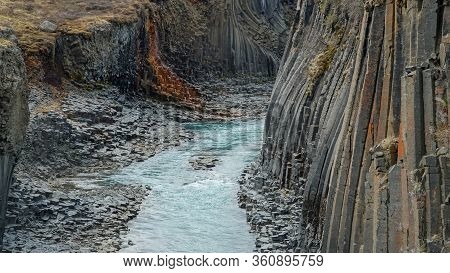 Studlagil Basalt Canyon, Iceland. This Is A Rare Volcanic Basalt Column Formation