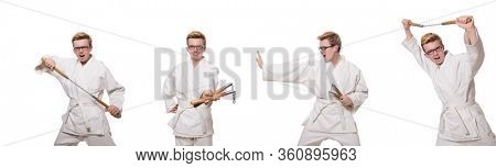 Funny karate fighter with nunchucks on white