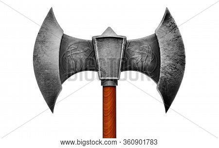 Isolated 3d render illustration of viking two-sided steel axe on white background front view.