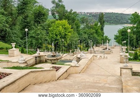 Fountains and the cascading stairs near the Valea Morilor Lake in Chisinau at summer, Moldova.