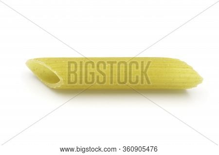 Homemade Penne Pasta On White Isolated Background In Closeup Macro Top View. Penne Look Like Tube An