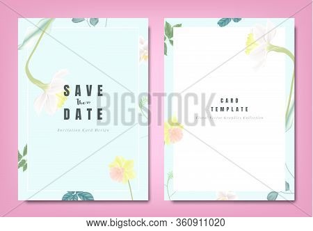 Botanical Wedding Invitation Card Template Design, Yellow And White Daffodil Flowers And Leaves On B