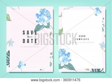 Botanical Wedding Invitation Card Template Design, Blue Hydrangea Flowers And Leaves On Light Pink B