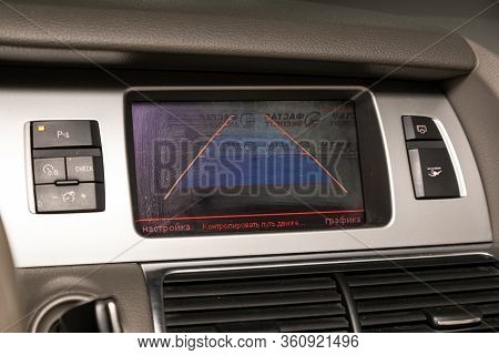 Novosibirsk/ Russia - April 02, 2020: Audi Q7, Reverse Camera With Monitor,buttons - Details And Con