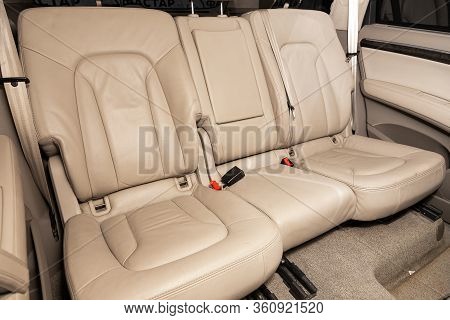 Novosibirsk/ Russia - April 02, 2020: Audi Q7, Comfort Car Inside. Clean Car Interior: Beige Back Se