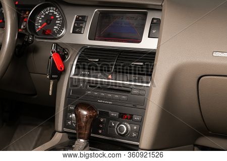 Novosibirsk/ Russia - April 02, 2020: Audi Q7, Close-up Of The Central Control Panel, Monitor With M