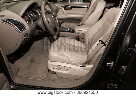 Novosibirsk/ Russia - April 02, 2020: Audi Q7, Luxury Car Interior - Steering Wheel, Shift Lever, Mu