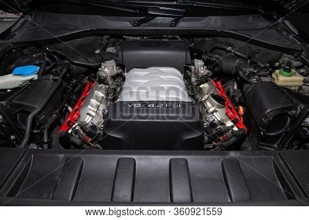 Novosibirsk/ Russia - April 02, 2020: Audi Q7, Car Engine Close-up. Internal Combustion Engine, Car 