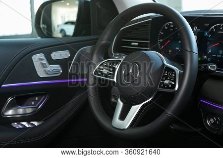 Novosibirsk/ Russia - April 06, 2020: Mercedes-benz Gls-class  450, Auto Interior: Steering Wheel Wi