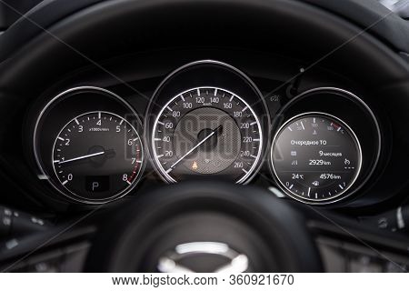 Novosibirsk/ Russia - February 23, 2020: Mazda Cx-5, Round Speedometer, Odometer With A Range Of 3 T