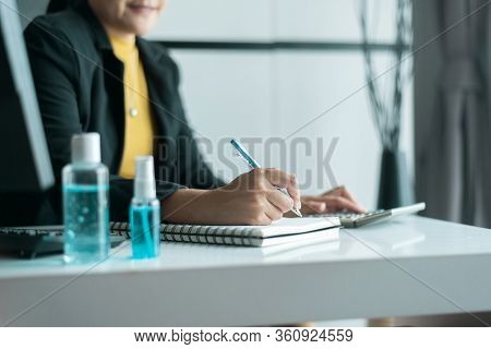 Close Up Of Hands Woman Writing And Working At Home,work From Home Concept