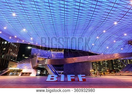 Busan, South Korea - 1 April, 2019:night Shot Of Busan Cinema Center Is The Official Venue Of The Bu