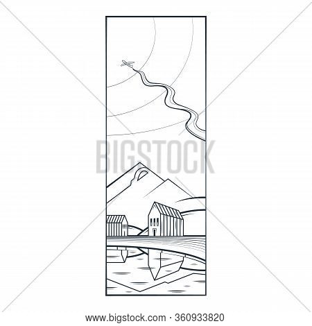 Scandinavian Mountain Landscape. Modern Houses On The Lake. Reflection In The Water. Airplane Flying