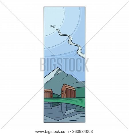 Scandinavian Mountain Landscape. Modern Houses On The Lake. Reflection In The Water. Airplane Flying