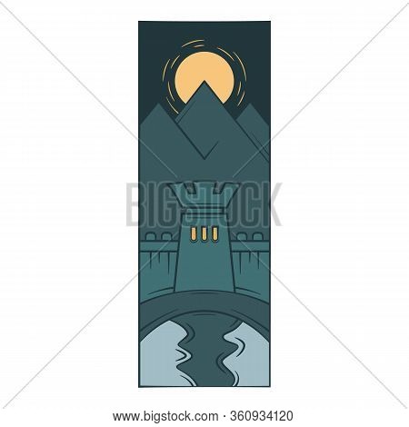 Fortress Wall Tower, Protective Moat, Reflection In The Water. Moonlight Night.flat Minimal Linework