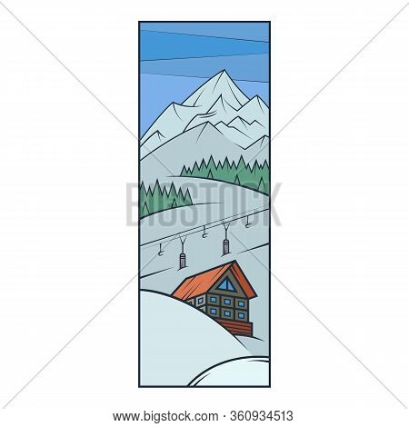 Ski Resort, Chalet, Mountains In The Snow. Ski Lift.flat Minimal Linework Hand Drawing Icon Illustra