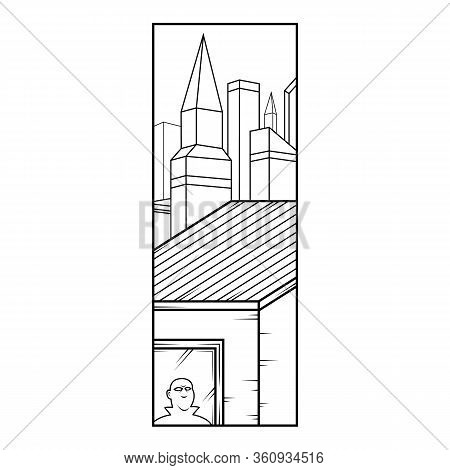 Cityscape Of Skyscrapers. House Roof, Male Character In The Window.flat Minimal Linework Hand Drawin