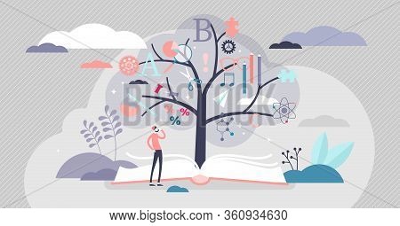Education Tree Vector Illustration. Abstract Knowledge Plant Growth From Book In Flat Tiny Persons C